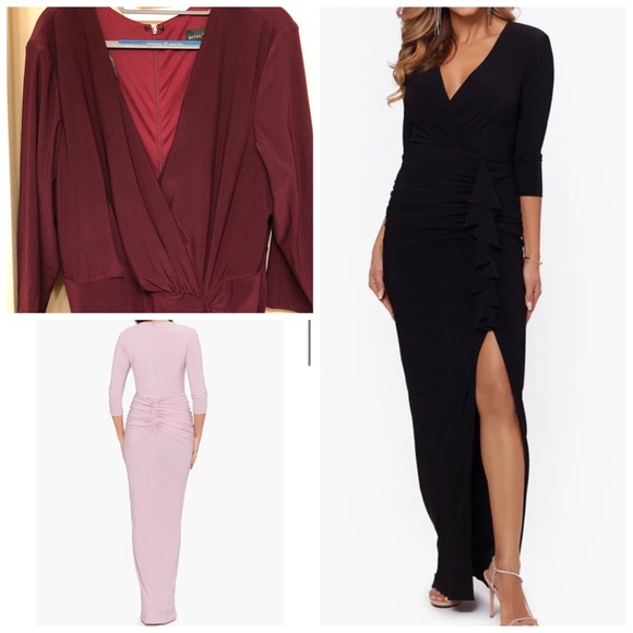 NWT Betsy and Adam Aubree Ruched Ruffle Long Sleeve V Neck Jersey Wrap Gown - Picture 7 of 16